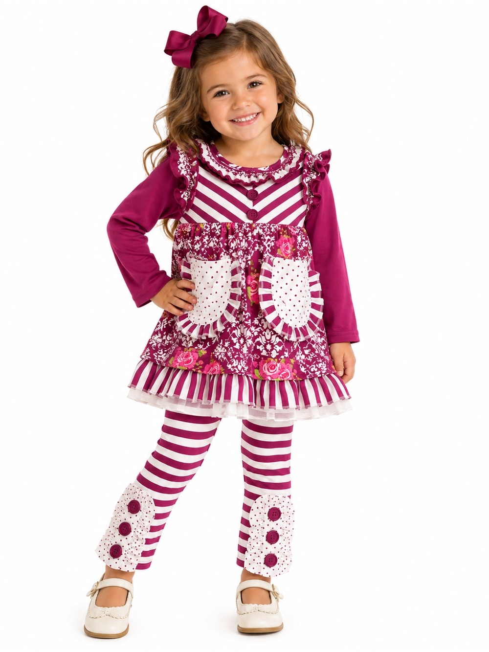 EUCMagenta Striped Floral Peasant Dress & Legging Set -
